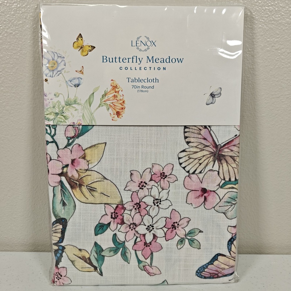 Lenox Butterfly Meadow Floral Tablecloth White 70" inch Round New Polyester